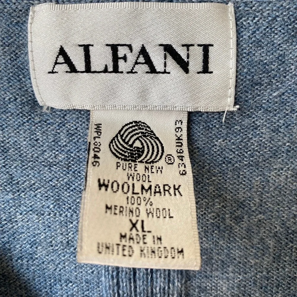 Alfani Ribbed Knit V-Neck Merino Wool Sweater Men XL Blue Preppy 90s Grandpacore